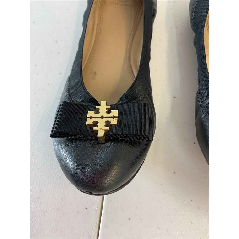 Tory Burch Sedgewick Leather Ballet Flats Gold Medallion Black Size 10 - Picture 6 of 13